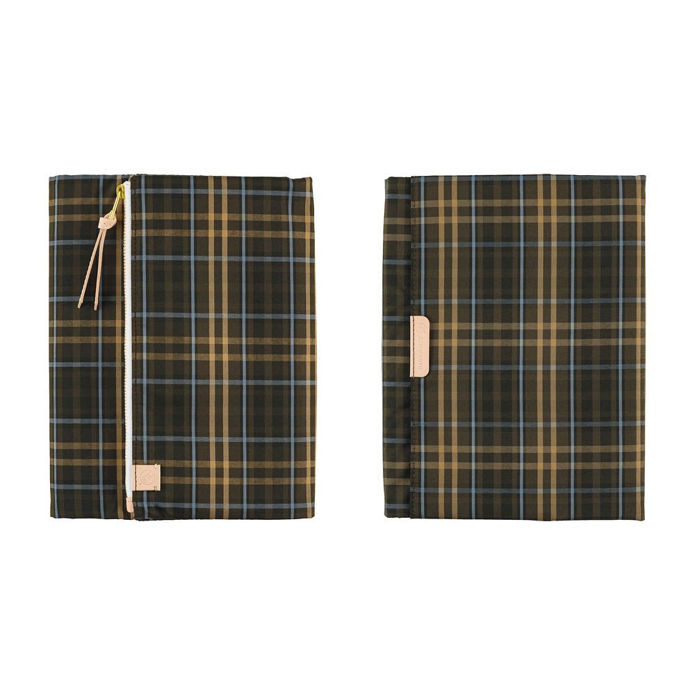 Two views of a zippered fabric Hobonichi Techo cover with a brown and tan plaid pattern and light blue lines, shown on a plain white background.