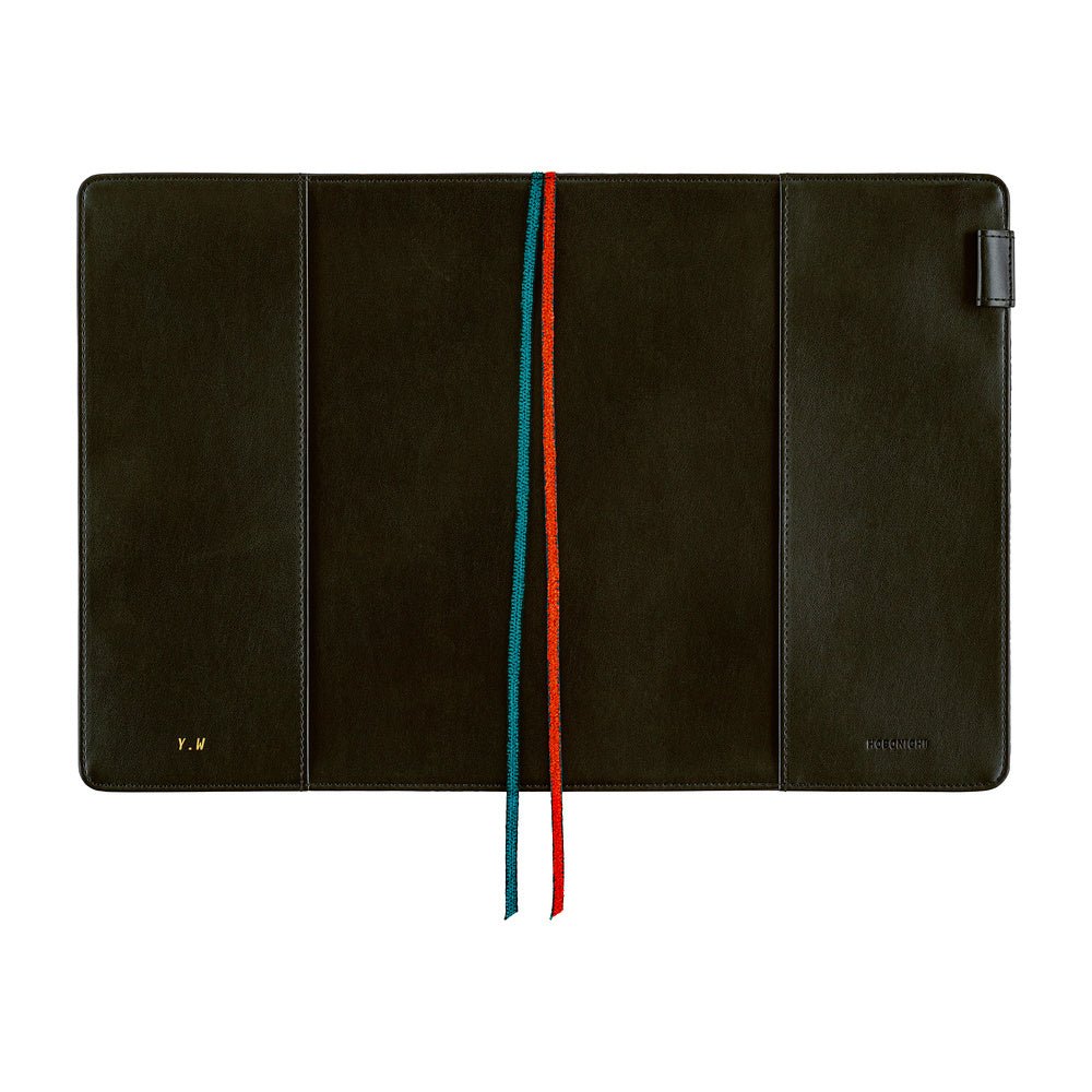 The interior of a Hobonnichi Techo planner cover featuring red and teal ribbon bookmarks and a pen loop all shown against a plain white background.