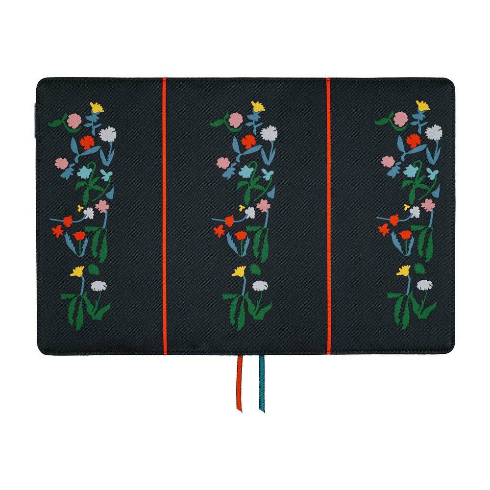 A navy fabric planner cover showing three vertical panels, each decorated with a colorful embroidered floral motif. Thin red and blue ribbon bookmarks hang from the bottom against a plain white background.