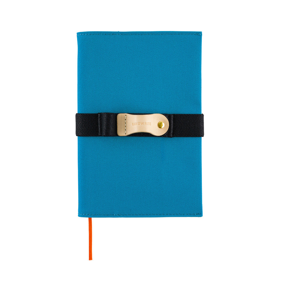 A bright blue hardcover notebook with a black elastic band closure and a gold-tone metal clasp, shown on a plain white background.