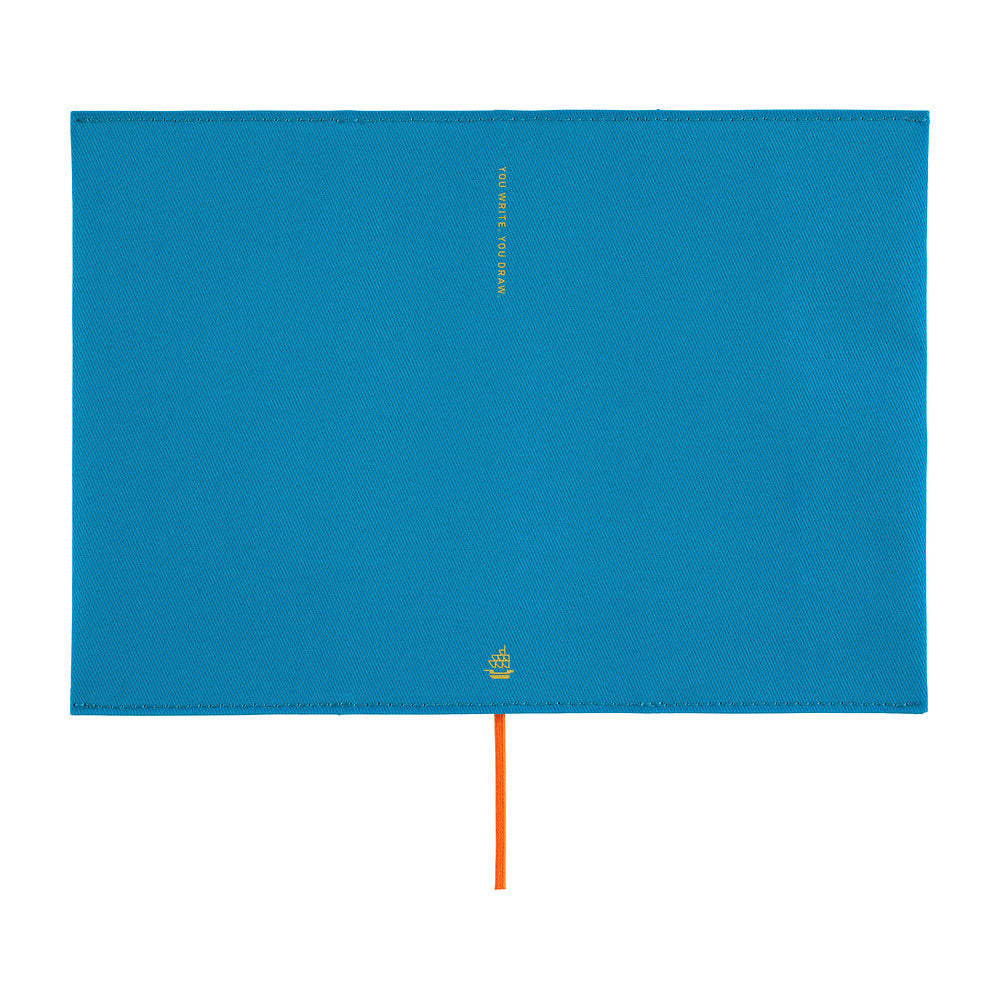 A bright blue rectangular book cover or notebook sleeve with a small gold logo near the bottom and a thin orange ribbon bookmark hanging from the center, shown on a plain white background.