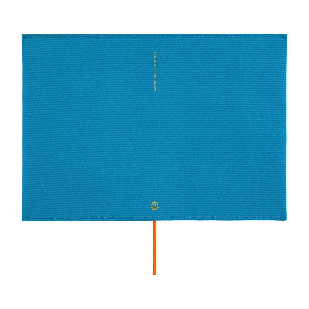 A bright blue rectangular notebook cover with a small gold logo near the bottom and a thin orange ribbon bookmark hanging from the center, shown on a plain white background.