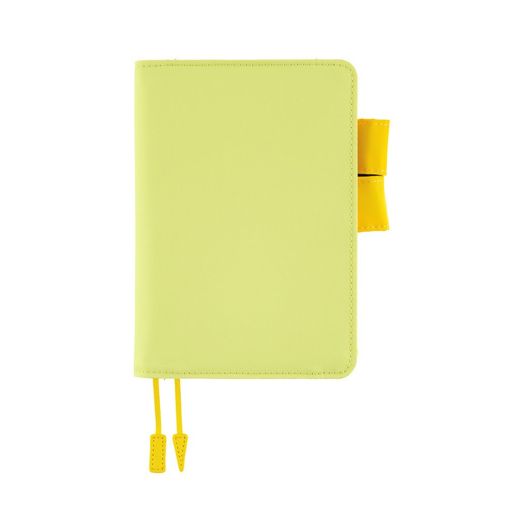 A lime green notebook cover with matching yellow pen loops and two ribbon bookmarks, shown on a plain white background.