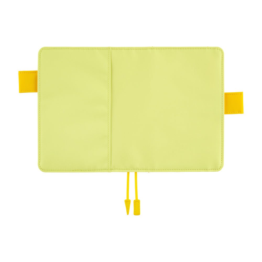 A lime green notebook cover with a back pocket, yellow pen loops, and matching yellow bookmarks, shown flat against a white background.