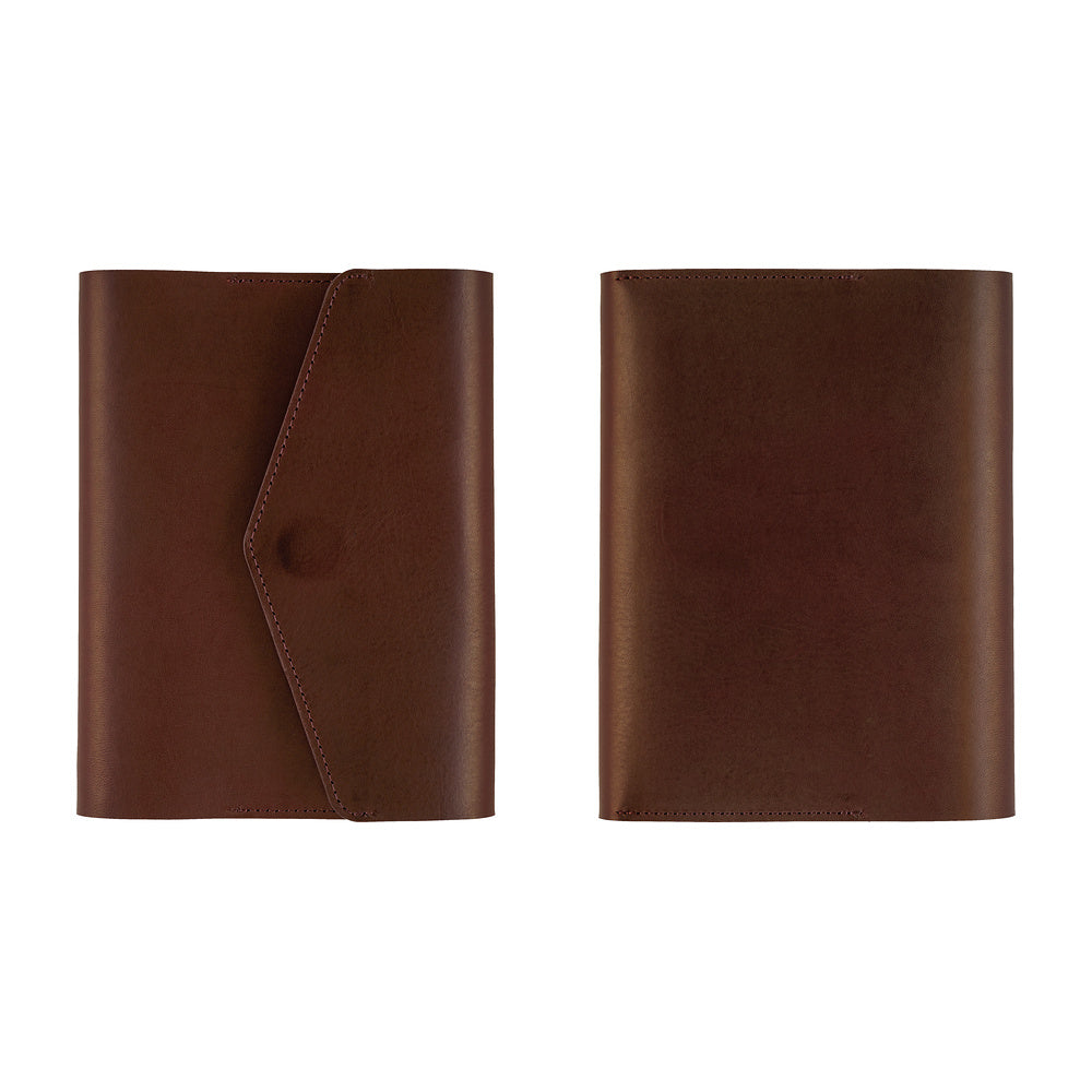 Two brown leather folio-style cases shown side by side on a plain white background, one with a flap closure and one without.