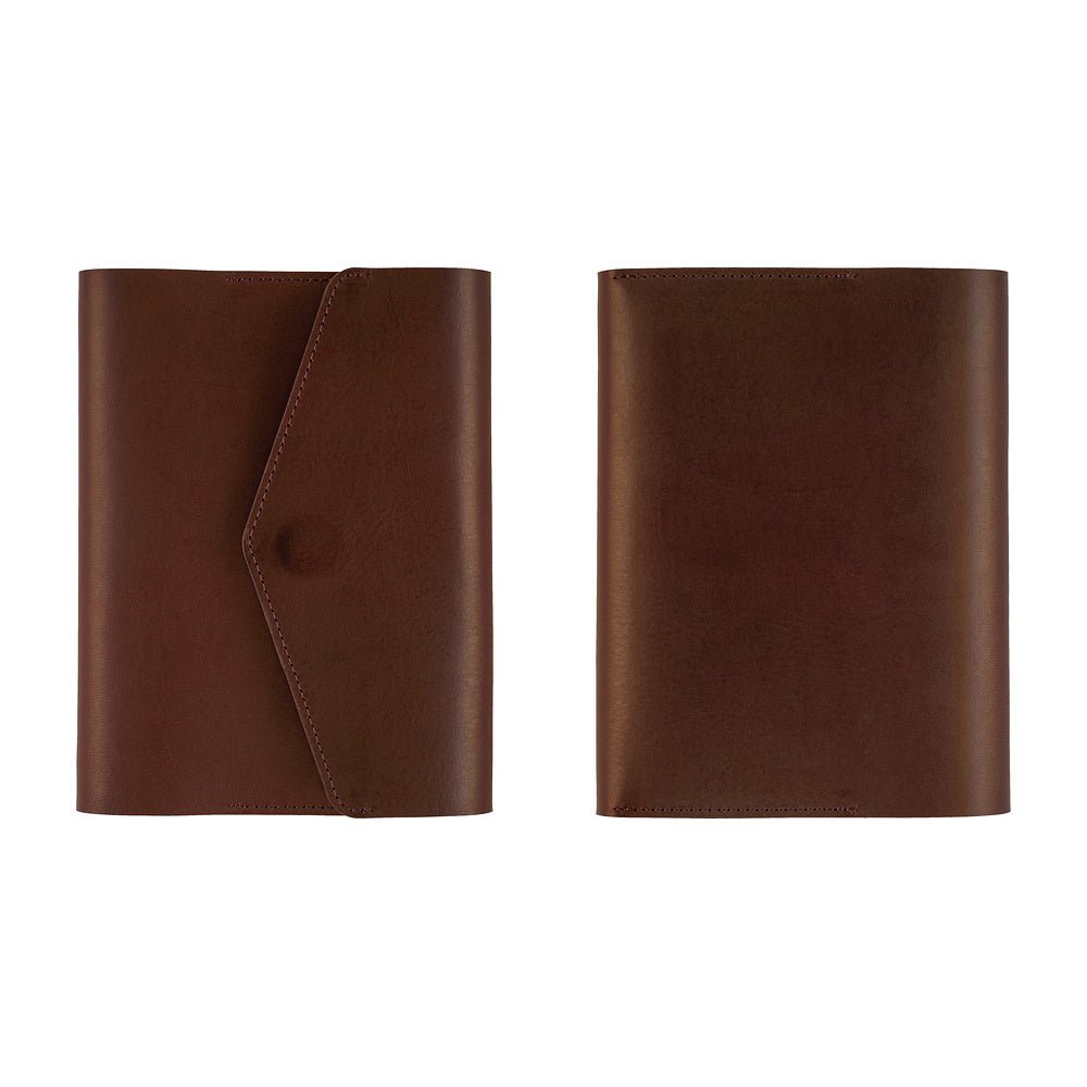 Two views of a brown leather folio-style cases shown side by side on a plain white background.