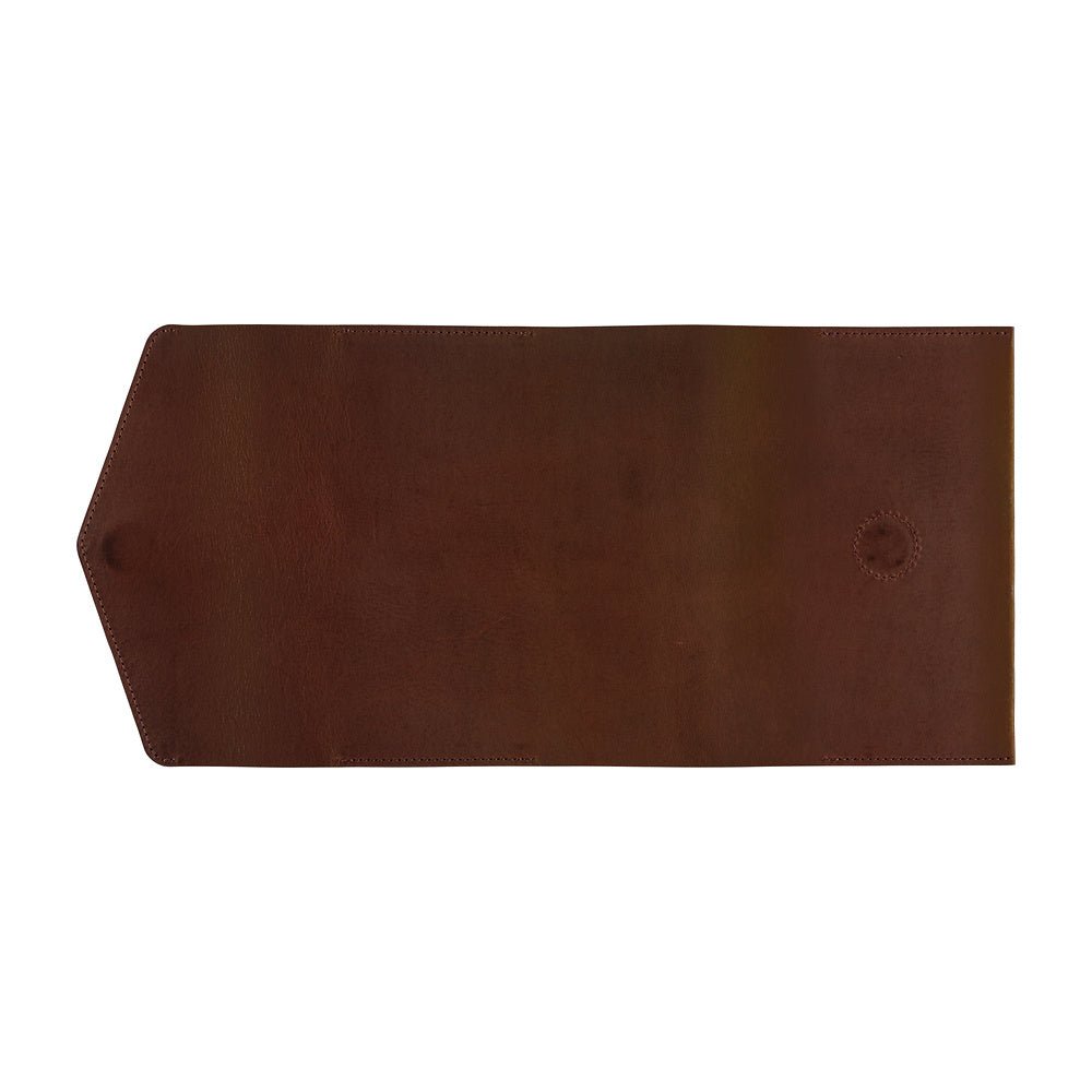 A dark brown leather notebook cover with a pointed triangular flap on the left side and a small circular stitched detail on the right, shown flat against a plain white background.