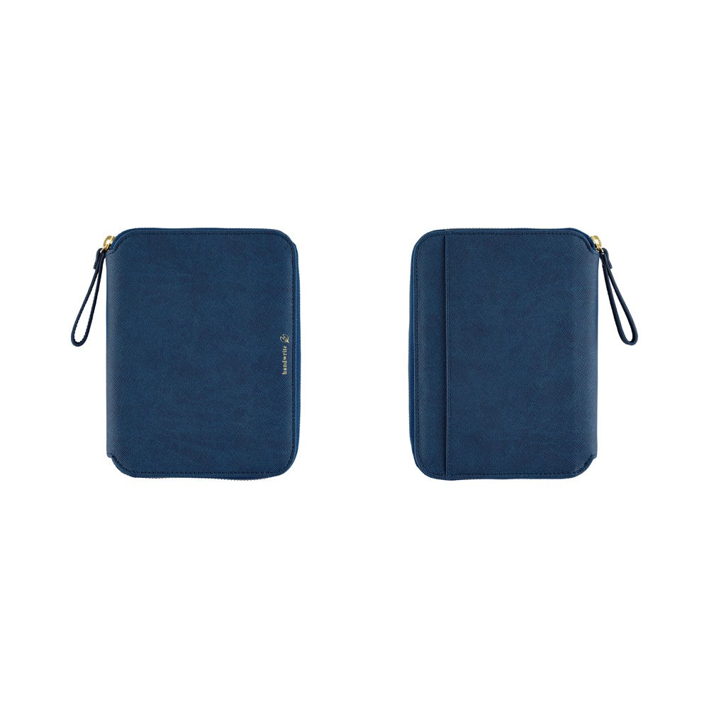 Two navy blue zippered pouches with wrist straps and gold-tone hardware, shown side by side on a plain white background.