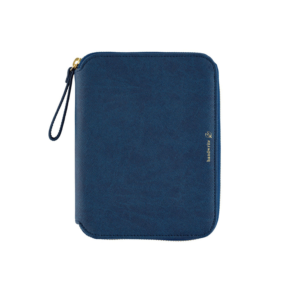 A navy blue zippered pouch with a wrist strap and gold zipper pull, featuring a small gold logo on the right side, shown against a plain white background.