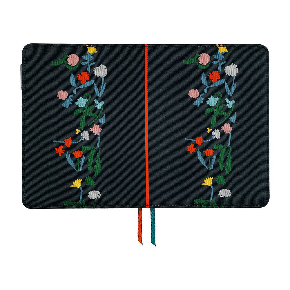 A navy blue notebook cover with embroidered floral designs on both sides and a thin orange center stripe, shown flat against a white background.