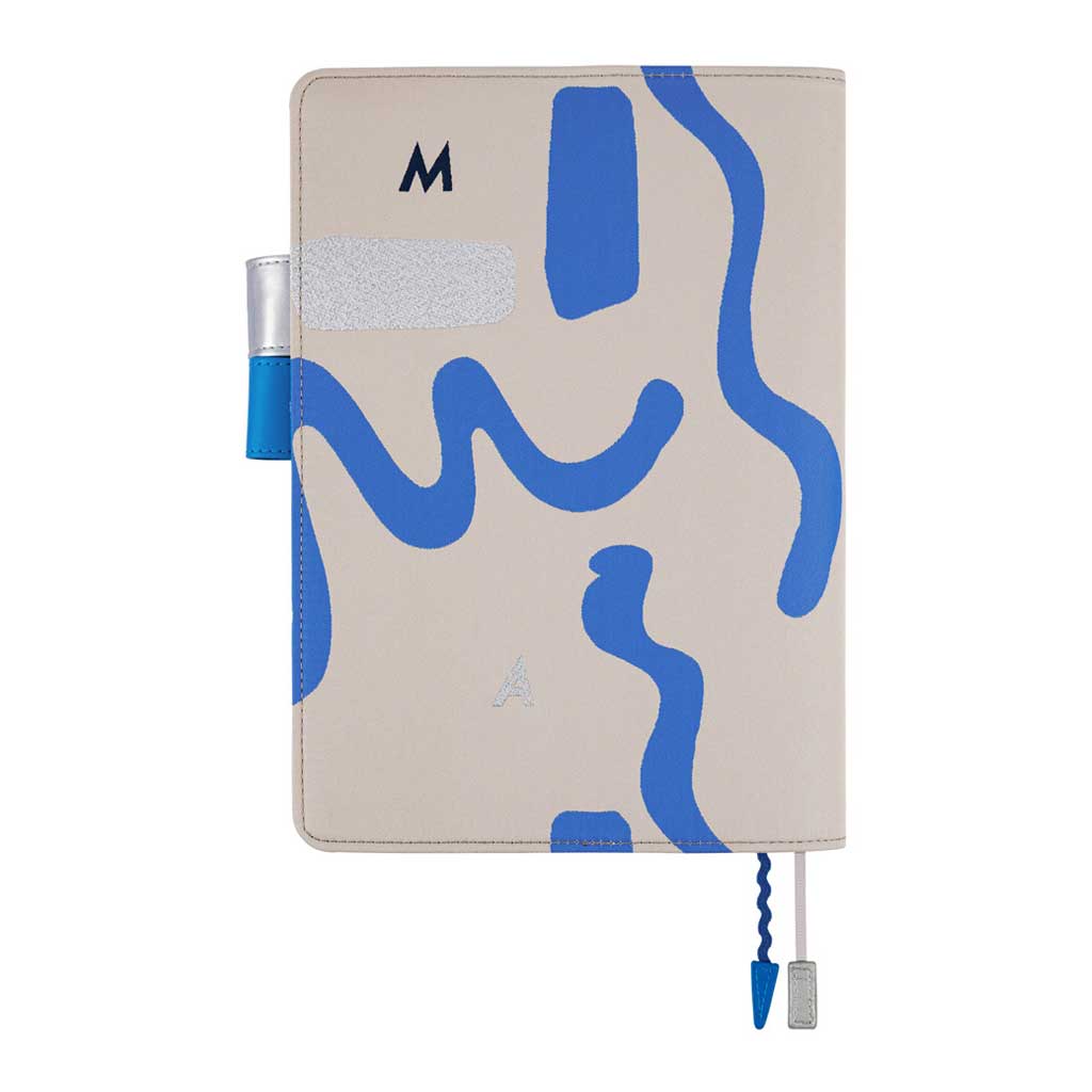Back of blue and silver abstract design on light gray notebook cover for Hobonichi Techo Cousin A5 planner on white background
