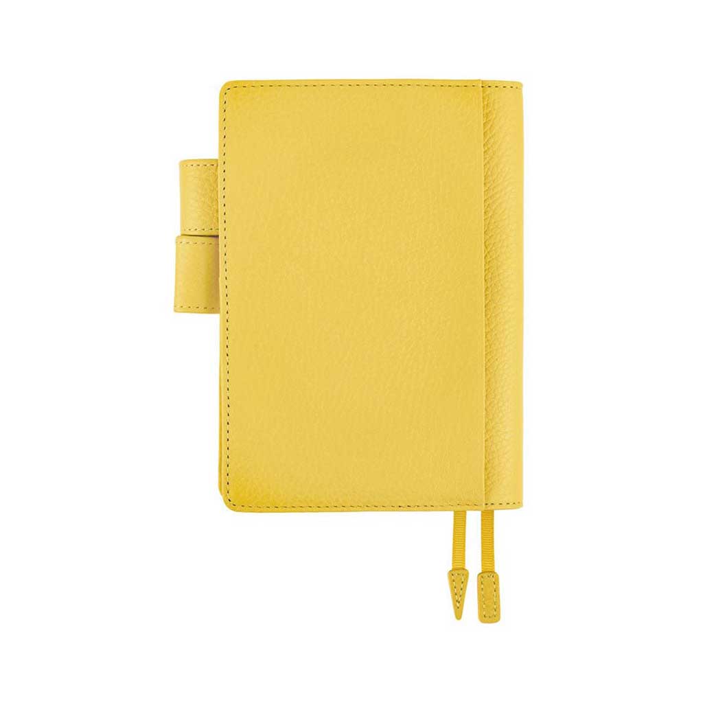 Back of yellow leather notebook cover for Hobonichi Techo A6 planner