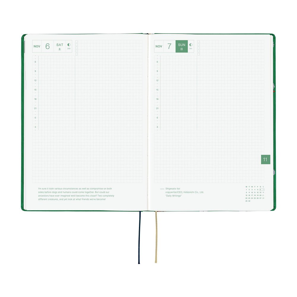 An open 2027 Hobonichi Techo HON hardcover planner showing two daily grid pages for November 6 and 7, with timelines, checkboxes, quotes, and two ribbon bookmarks on a white background.