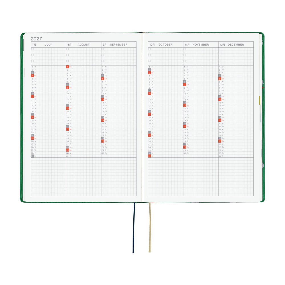 An open 2027 Hobonichi Techo HON hardcover planner showing a six-month overview from July through December, with two ribbon bookmarks on a white background.