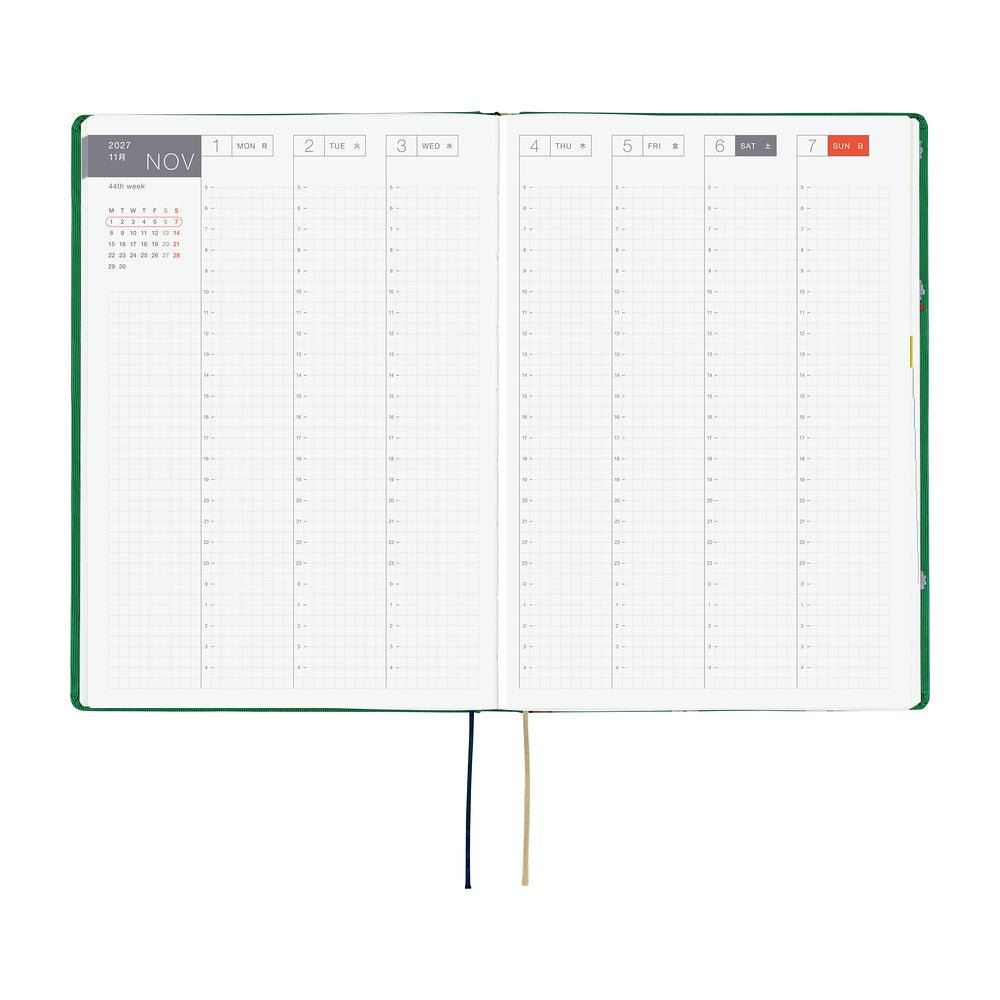 An open 2027 Hobonichi Techo HON hardcover planner showing a two-page weekly layout for November 1–7, with vertical hourly columns and two ribbon bookmarks on a white background.