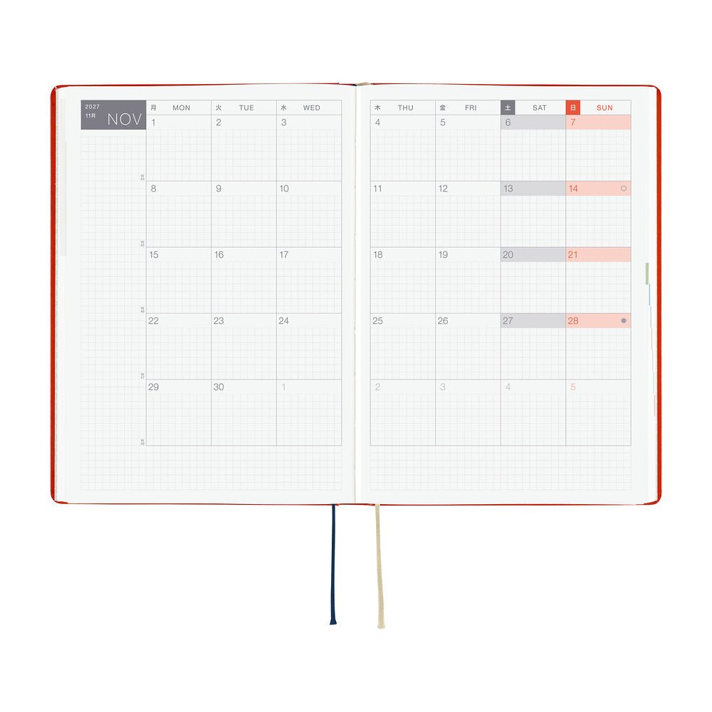 An open 2027 Hobonichi Techo HON hardcover planner showing a two-page monthly calendar layout for November, with two ribbon bookmarks hanging below on a white background.