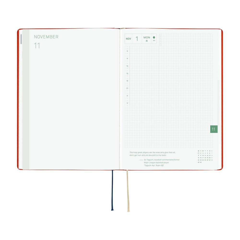 An open 2027 Hobonichi Techo HON hardcover planner showing the November start page beside a daily grid page, with two ribbon bookmarks hanging below on a white background.