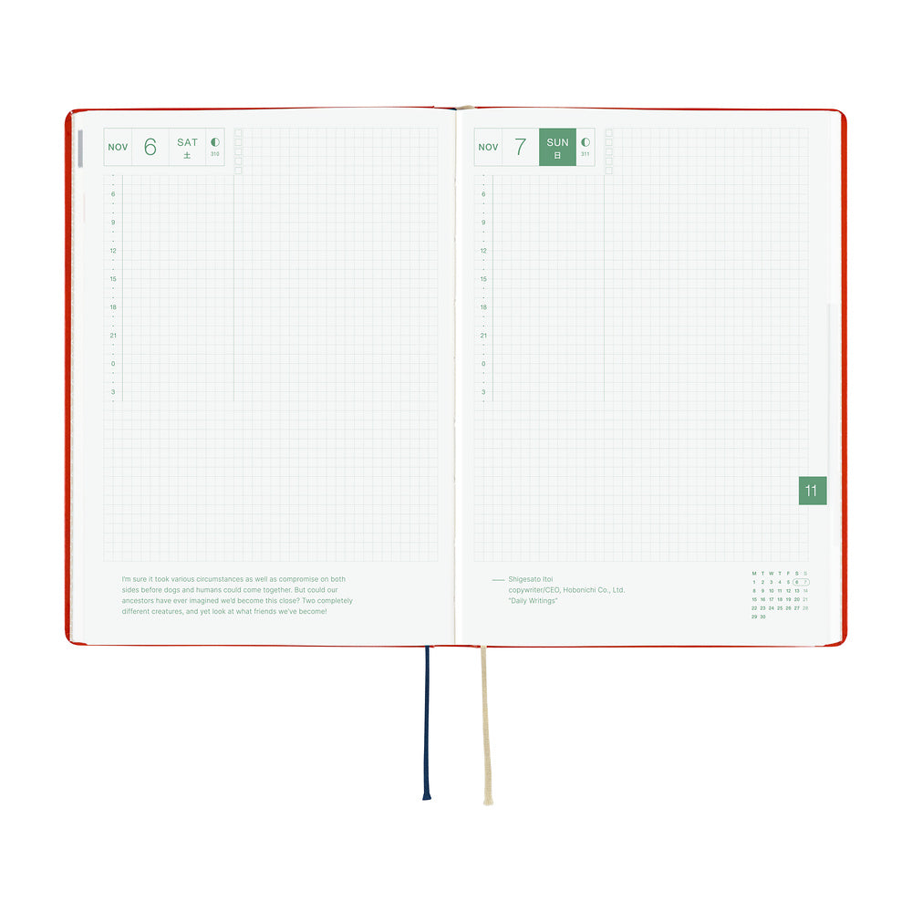 An open 2027 Hobonichi Techo HON hardcover planner showing two daily grid pages for November 6 and 7, with timelines, checkboxes, quotes, and two ribbon bookmarks on a white background.