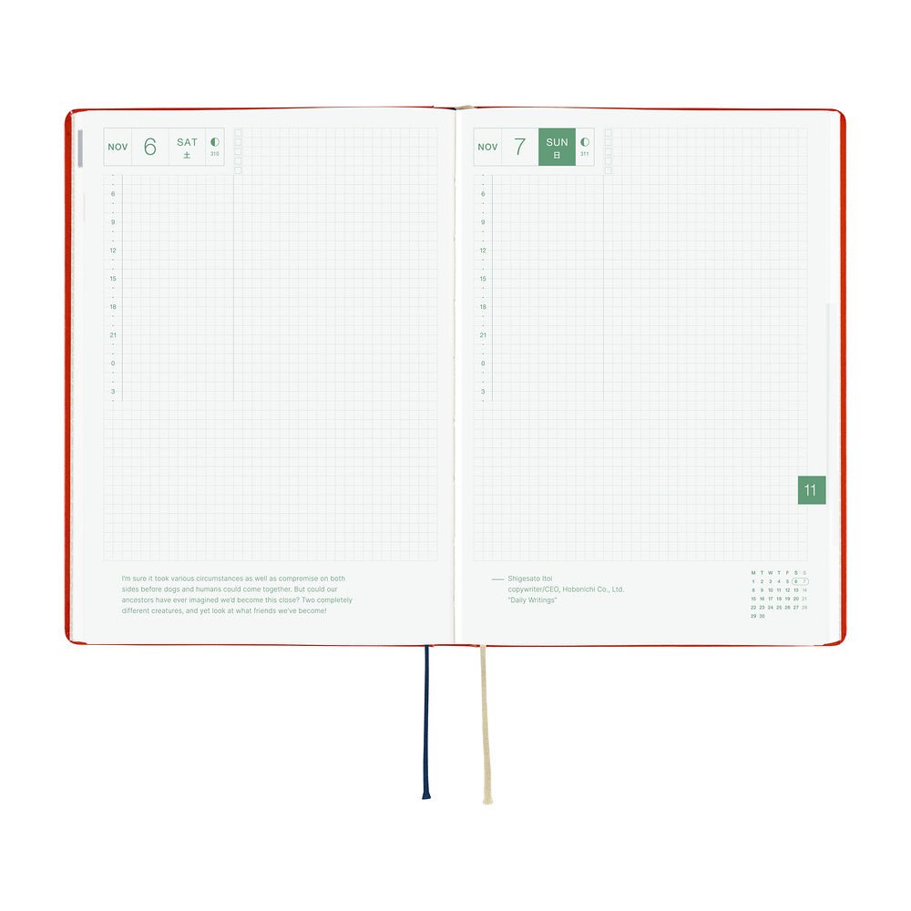 An open 2027 Hobonichi Techo HON hardcover planner showing two daily grid pages for November 6 and 7, with timelines, checkboxes, quotes, and two ribbon bookmarks on a white background.