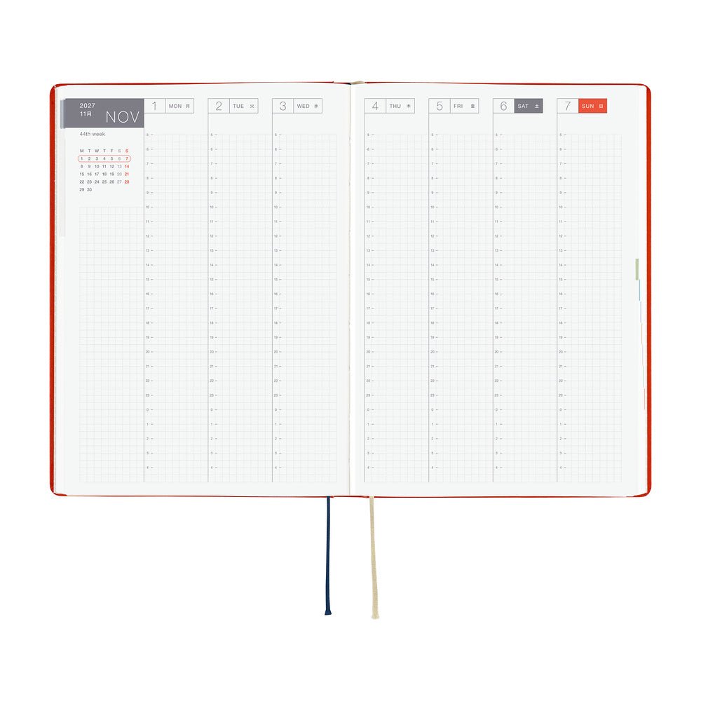 An open 2027 Hobonichi Techo HON hardcover planner showing a two-page weekly layout for November 1–7, with vertical hourly columns and two ribbon bookmarks on a white background.