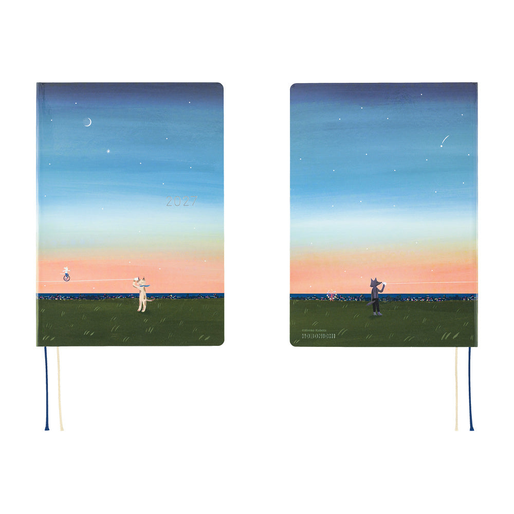 A front and back view of a 2027 Hobonichi Techo HON hardcover planner featuring Hiroko Kubota’s illustration of a cat and wolf using a string telephone across a grassy meadow at sunset, with a mouse riding a unicycle along the line beneath a starry sky and crescent moon.