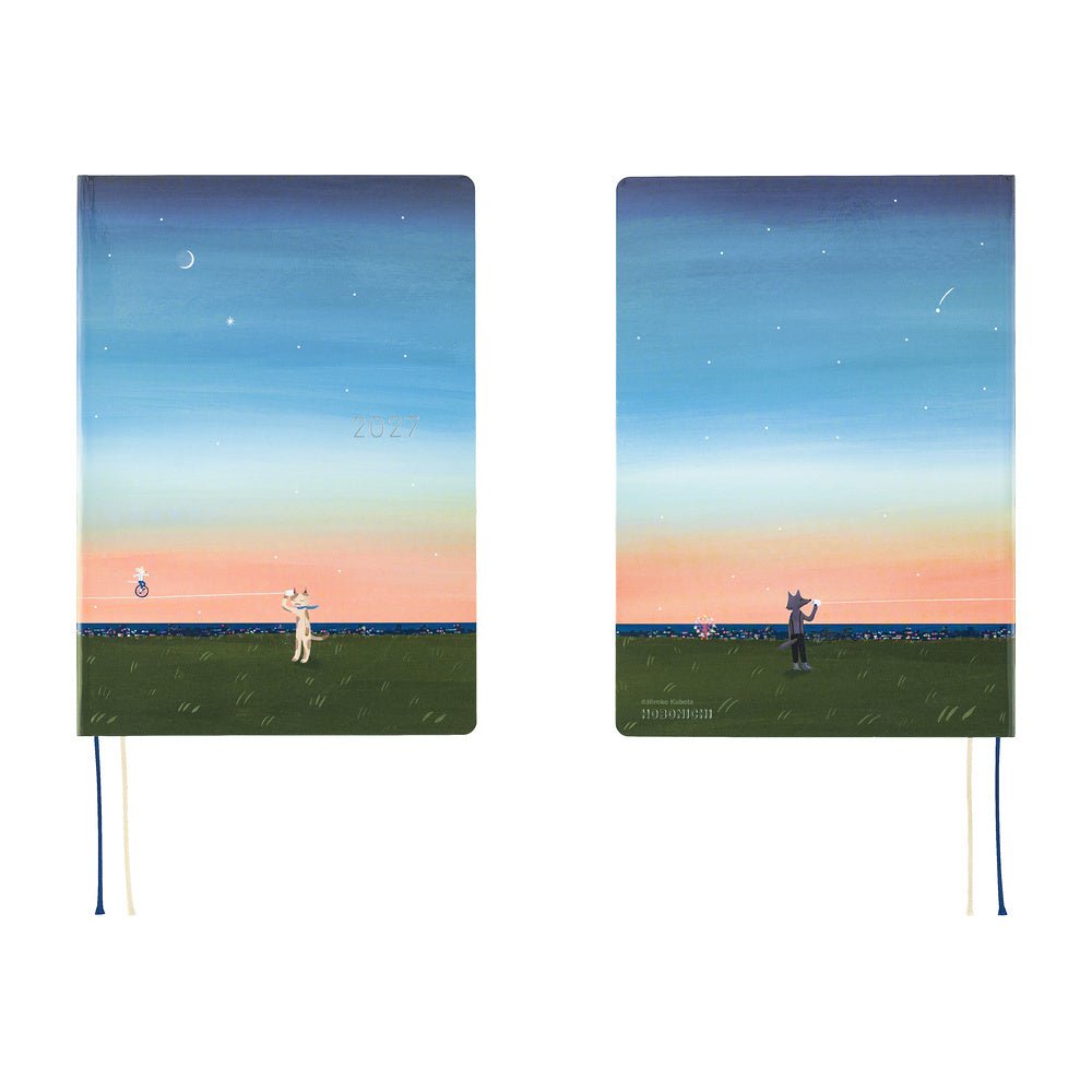 A front and back view of a 2027 Hobonichi Techo HON hardcover planner featuring Hiroko Kubota’s illustration of a cat and wolf using a string telephone across a grassy meadow at sunset, with a mouse riding a unicycle along the line beneath a starry sky and crescent moon.