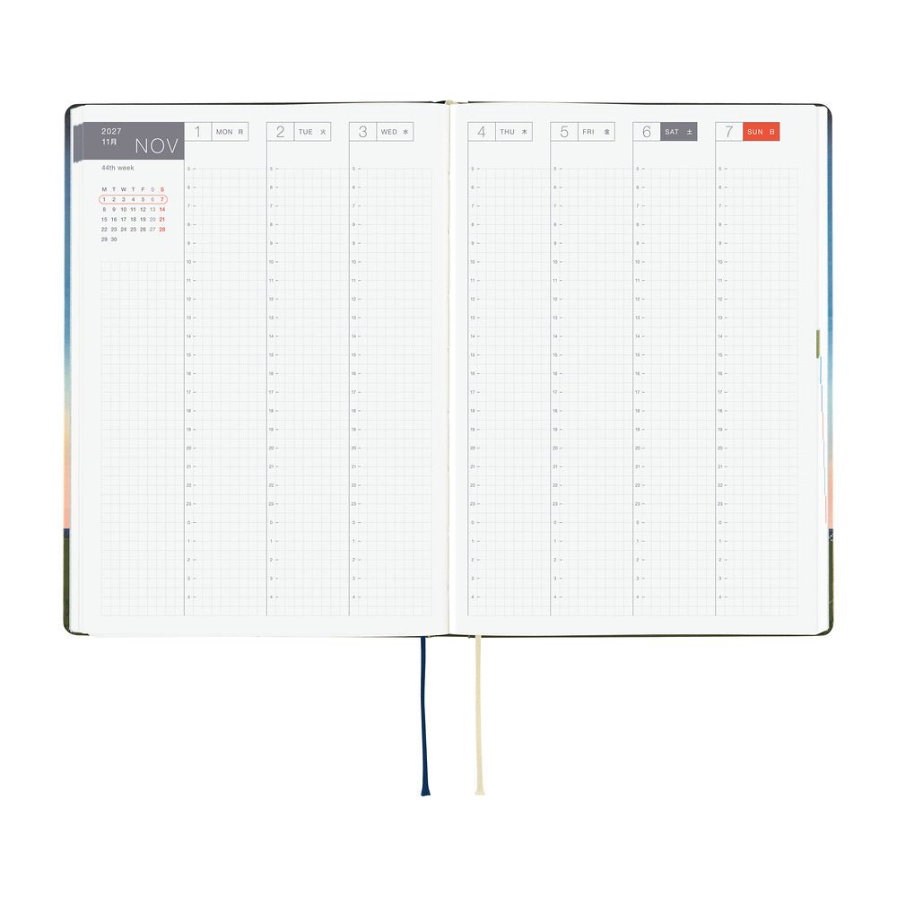 An open 2027 Hobonichi Techo HON hardcover planner showing a two-page weekly layout for November 1–7, with vertical hourly columns and two ribbon bookmarks on a white background.