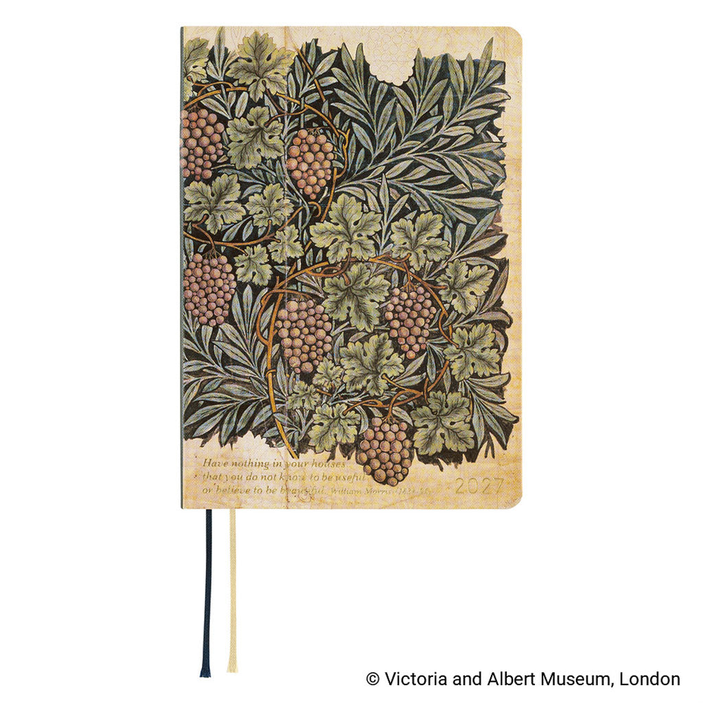 A 2027 Hobonichi Techo HON hardcover planner featuring the V&A Vine botanical design with clusters of grapes and dense foliage, with two ribbon bookmarks on a white background.