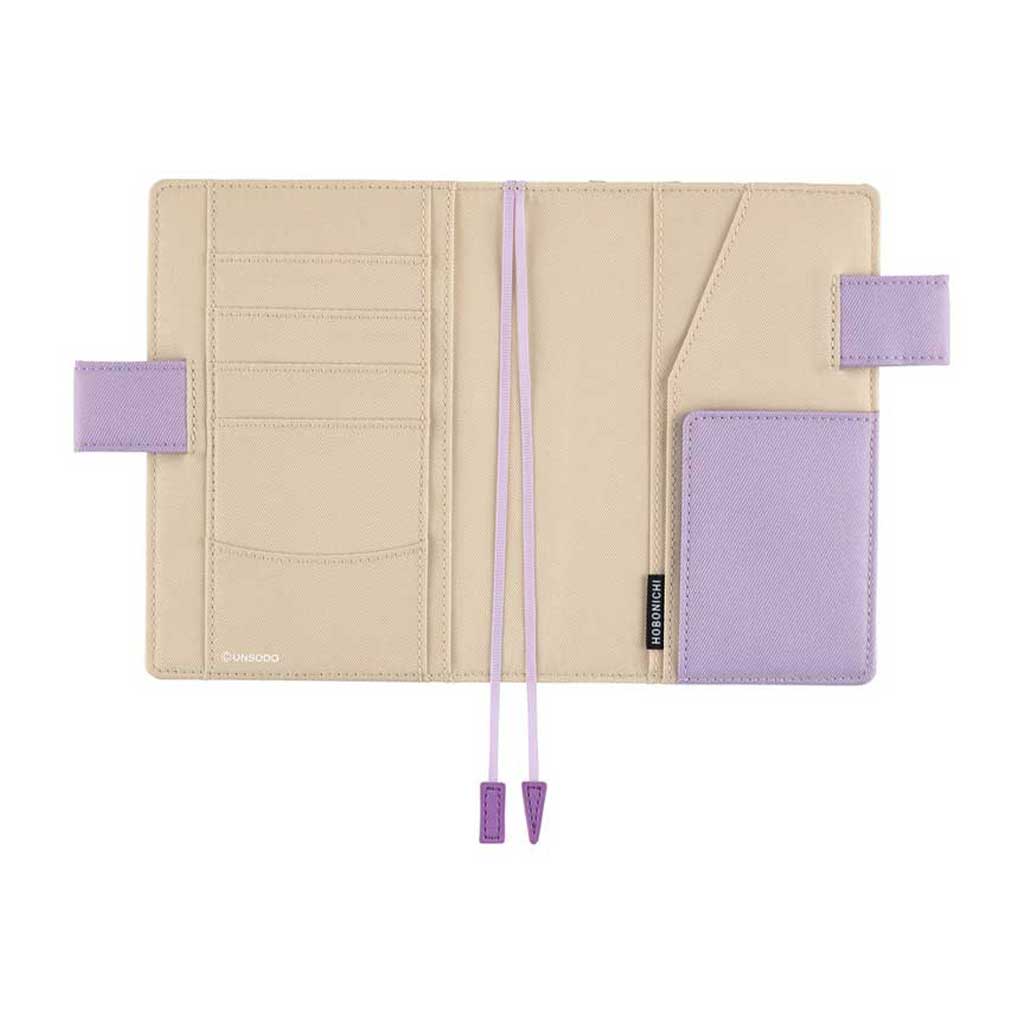 Beige and light purple interior of Hobonichi Techo A6 Original Unsodo cover on white background