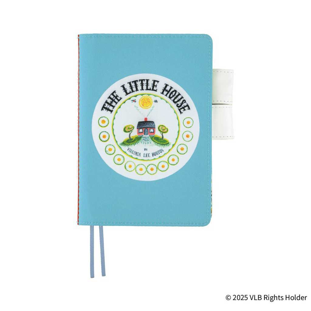 Light blue cover for Hobonichi A6 Techo planner with white circle, daisies, and house illustrated with The Little House by Virginia Lee Burton on front on white background