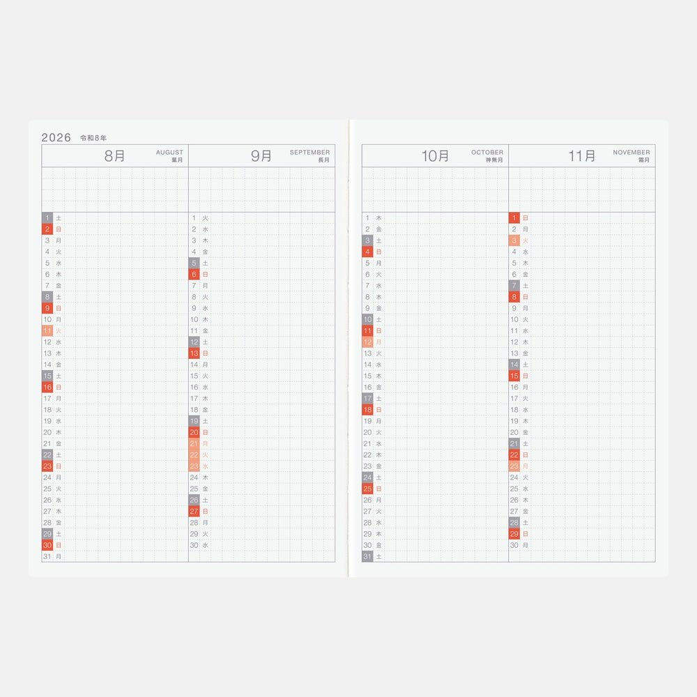 Month at a glance spread of Hobonichi Techo 2026 Original A6 Spring Start planner on white background