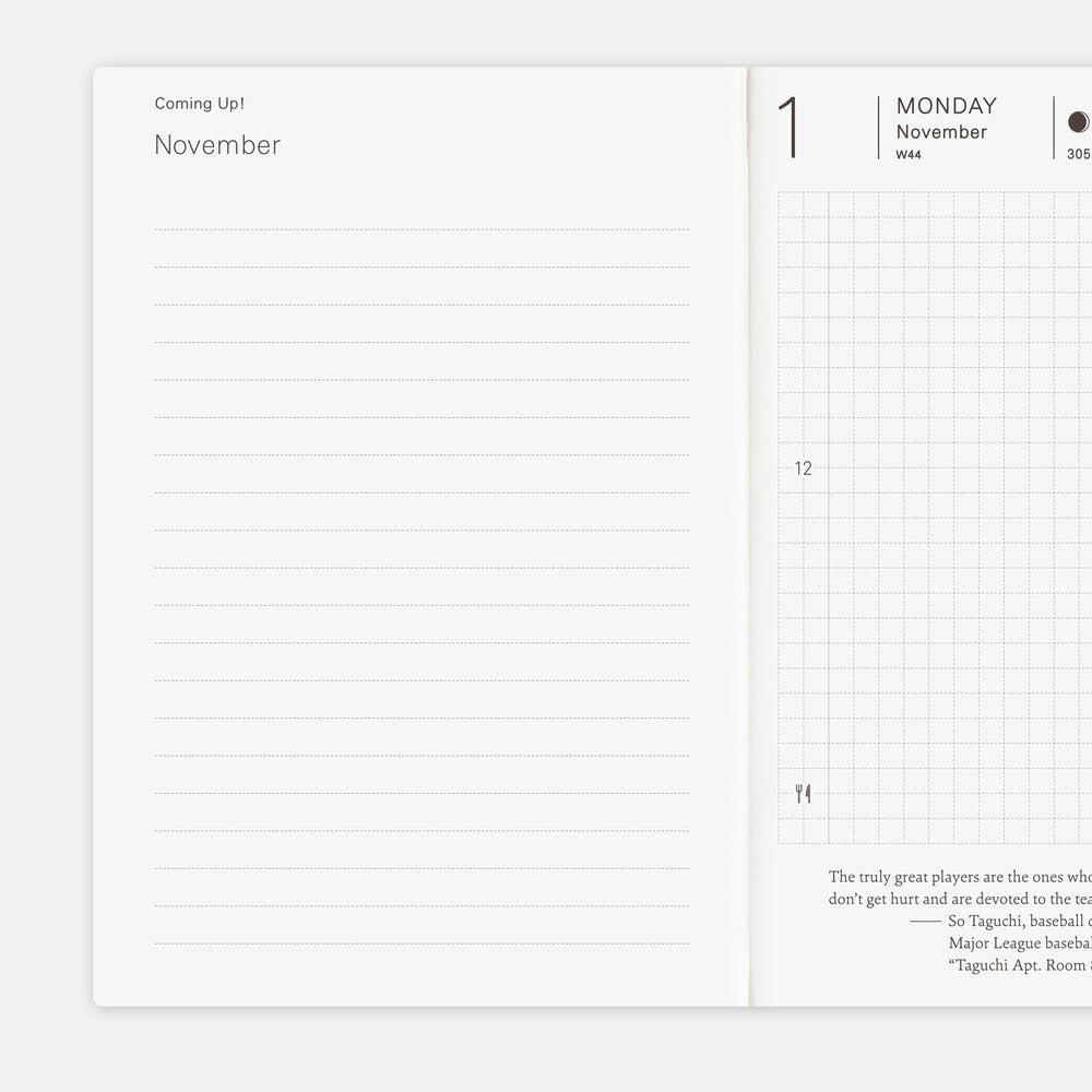 Hobonichi A6 Planner November introduction page on white background