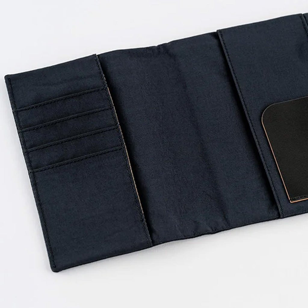 A black fabric organizer pouch shown open on a clean white background. The left side features multiple horizontal card slots, and the right side has a large pocket with a small black label patch.