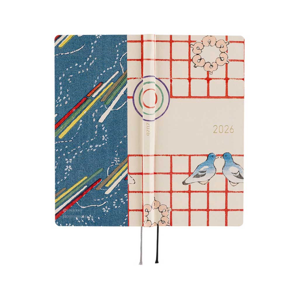 Front and back of Hobonichi Techo Weeks Unsodo Spring Start Weeks planner laying flat on white background