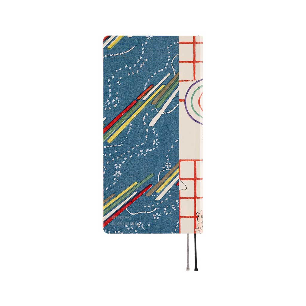 Back of Hobonichi Techo Unsodo spring start 2026 Weeks planner navy background and abstract colorful design on white surface