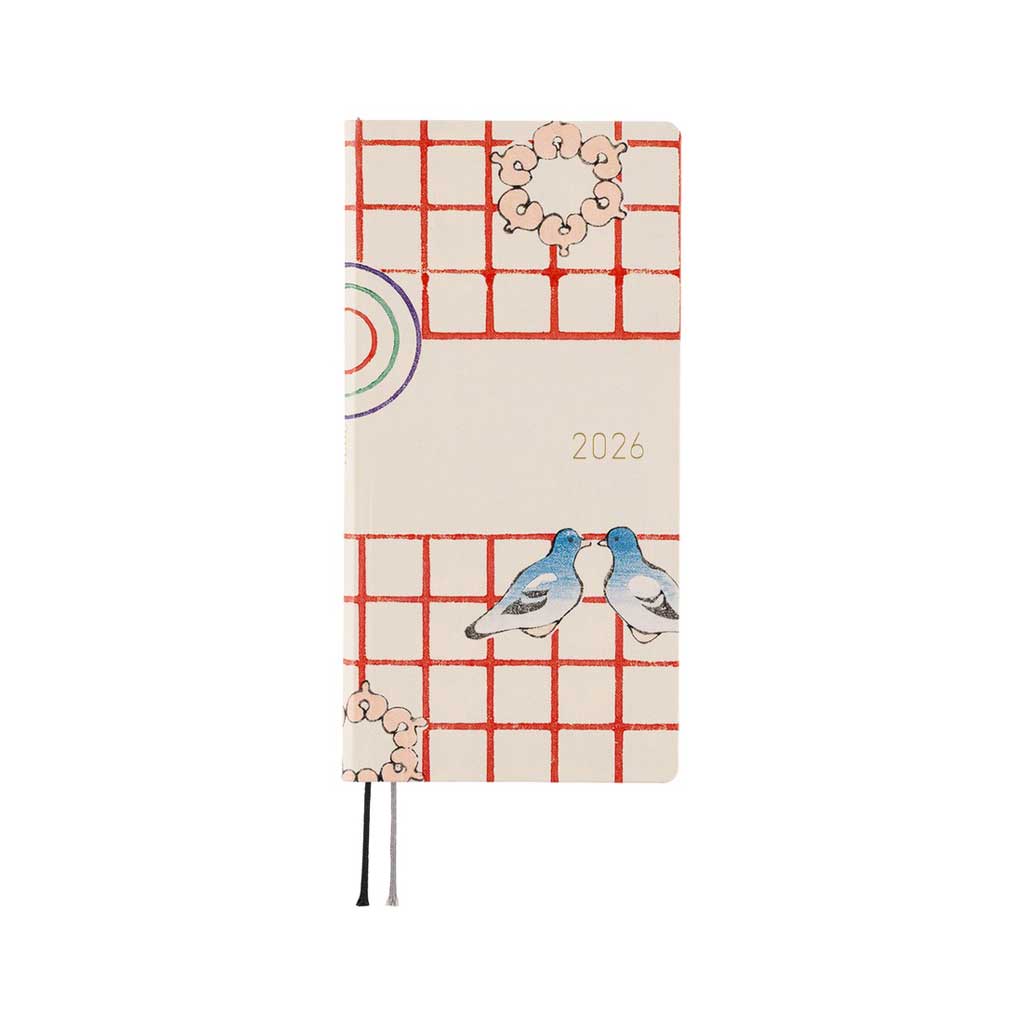 Hobonichi Techo Unsodo spring start 2026 Weeks planner with red grid design and blue pigeons with ivory background on white surface