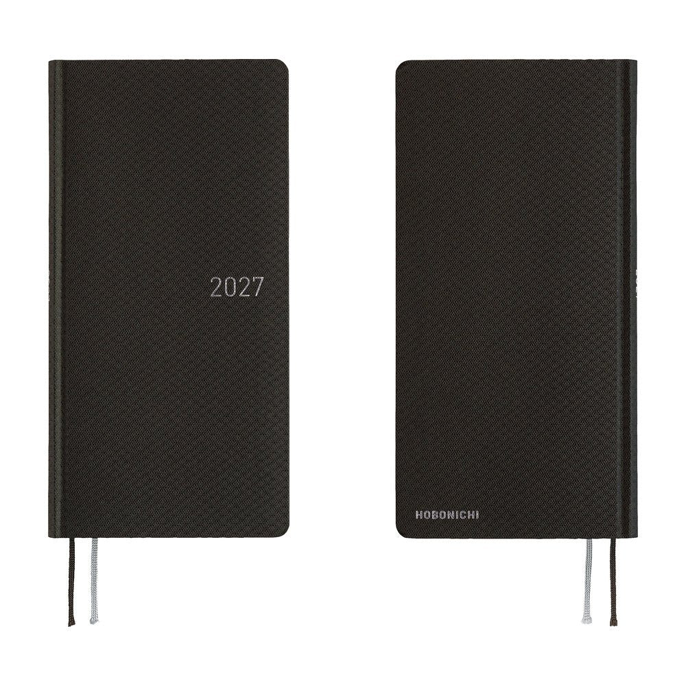 A front and back view of a slim 2027 planner with a patterned black cover, featuring a silver-embossed '2027'.