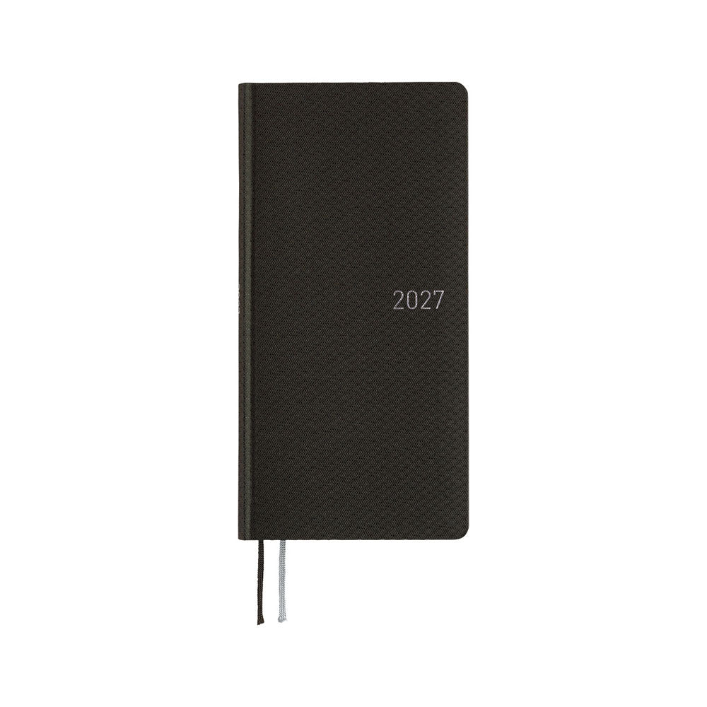 A slim 2027 planner with a patterned black cover, featuring a silver-embossed '2027'.