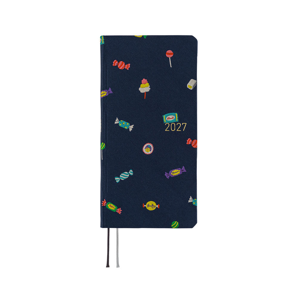 A 2027 planner featuring an array of colorful candies woven into a dark navy blue necktie fabric.