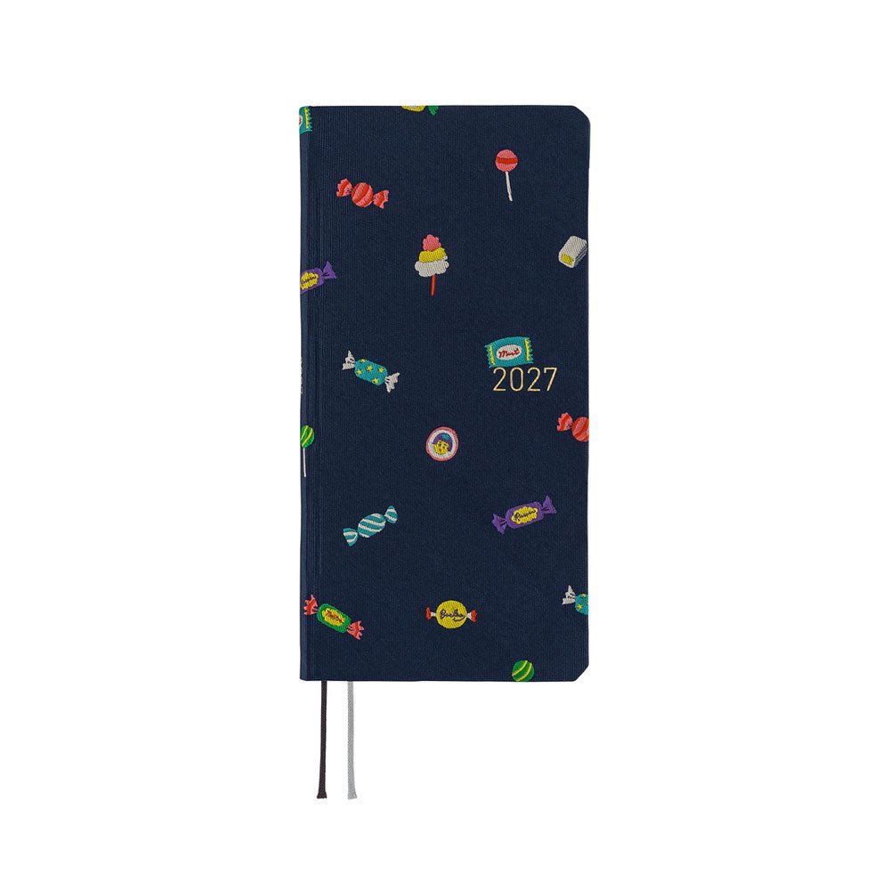 A 2027 planner featuring an array of colorful candies woven into a dark navy blue necktie fabric.