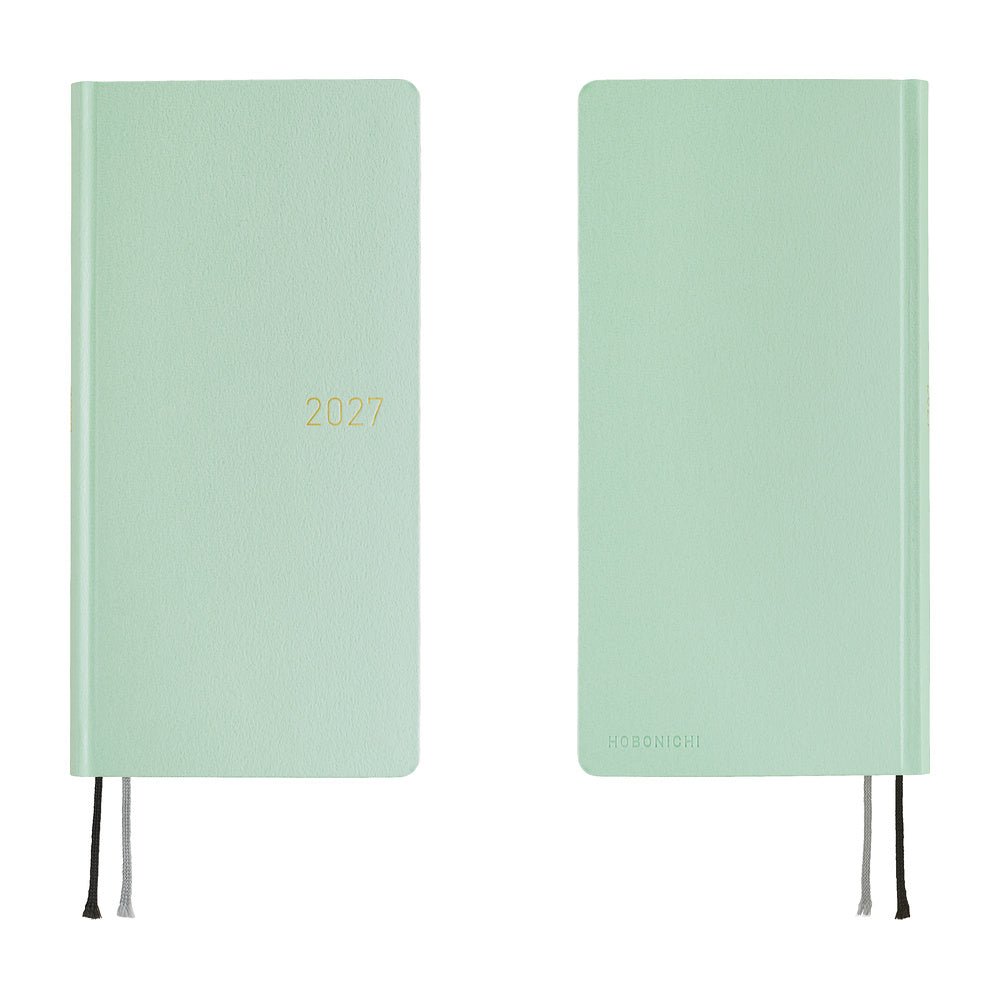 Front and back views of a frosty green 2027 planner, shown closed with thin ribbon bookmarks hanging from the bottom edge, set against a plain white background.