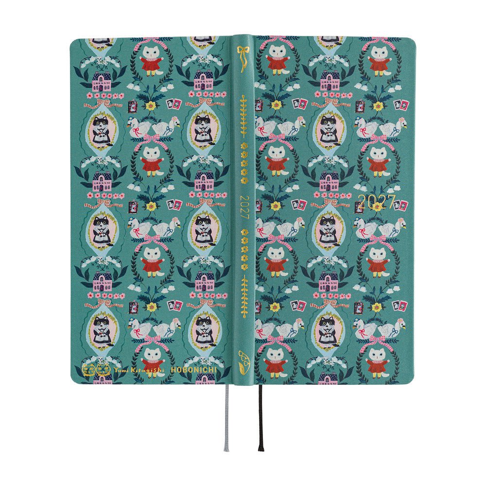 The exterior of a teal planner featuring illustrations of a White Cat character as well as geese.