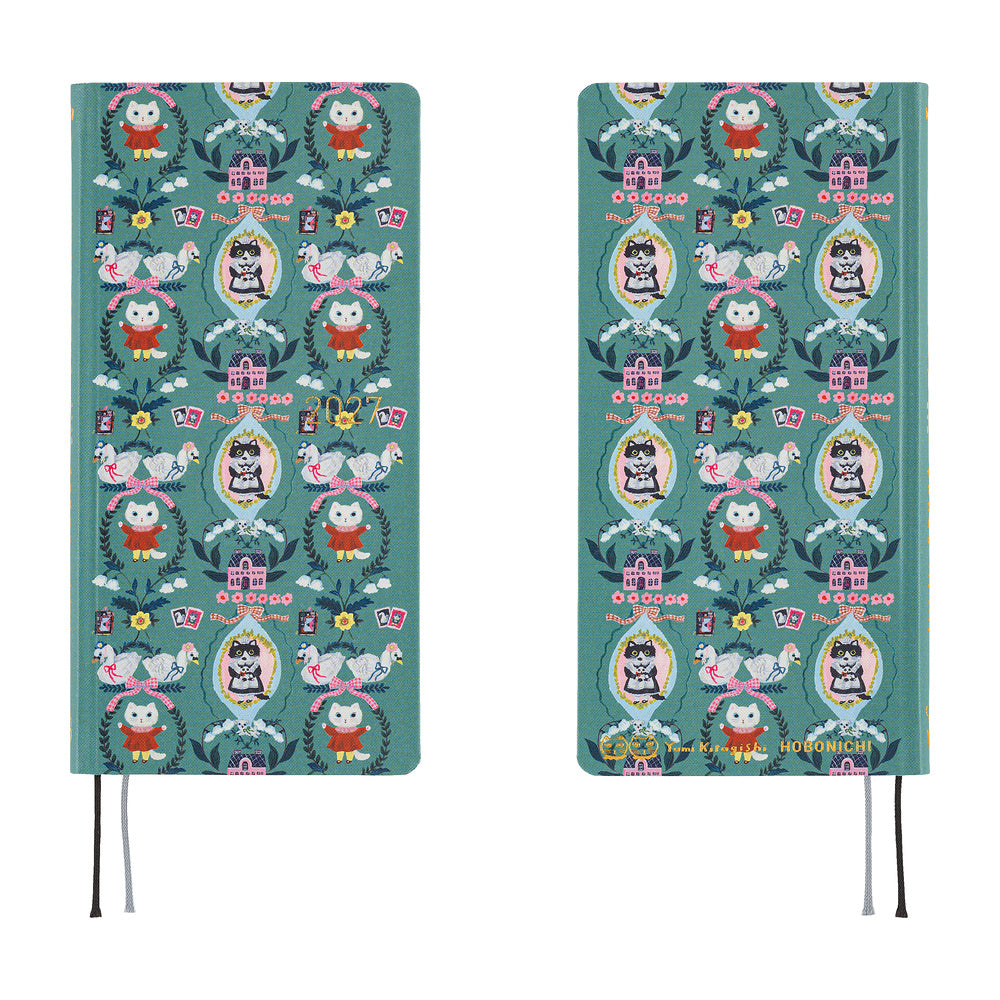A front and back view of a teal planner featuring illustrations of a White Cat character and geese.