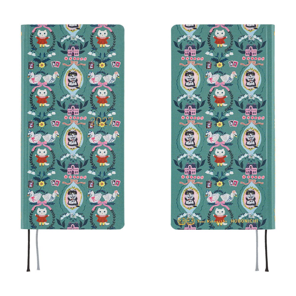 A front and back view of a teal planner featuring illustrations of a White Cat character and geese.