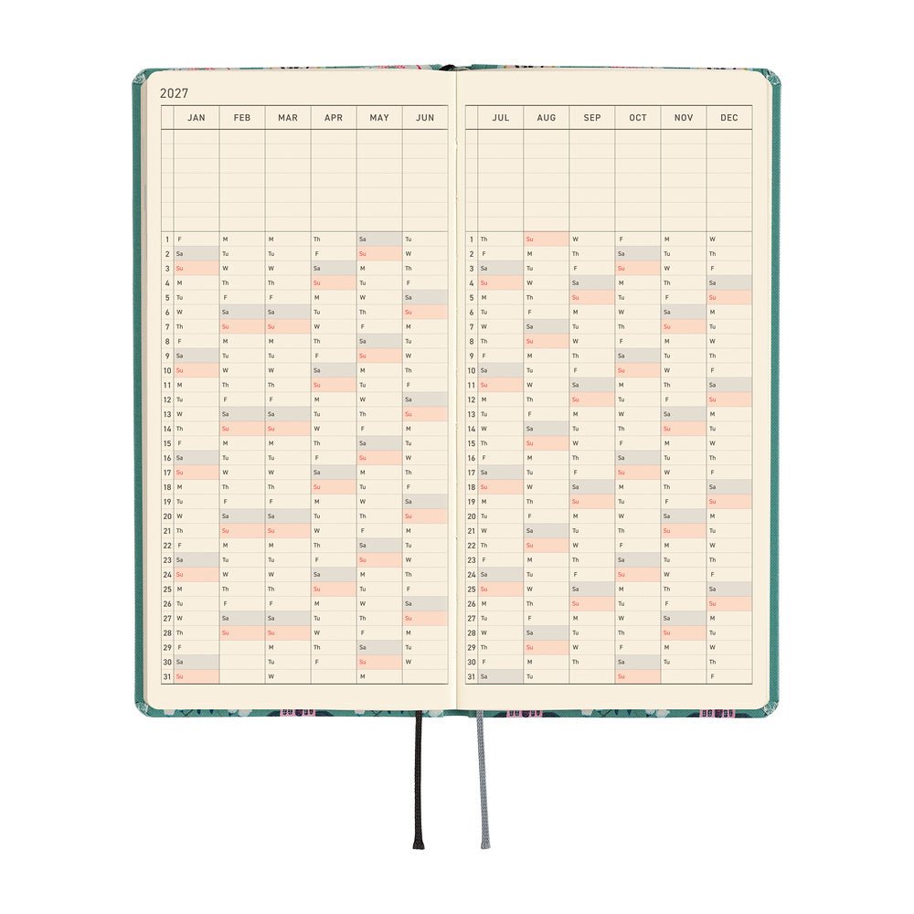 An open 2027 yearly calendar spread with cream-colored pages, set on a plain white background.