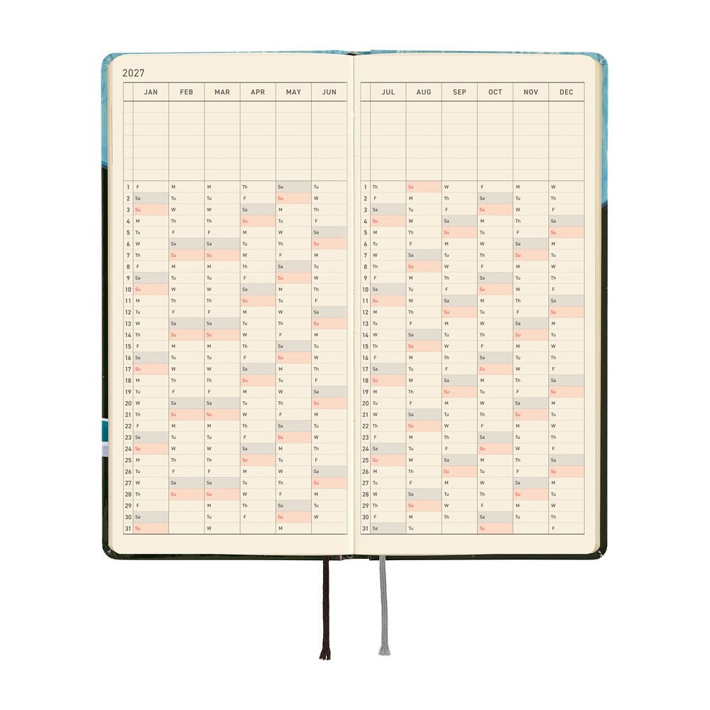 An open 2027 planner showing a two-page yearly calendar spread, set on a white background.