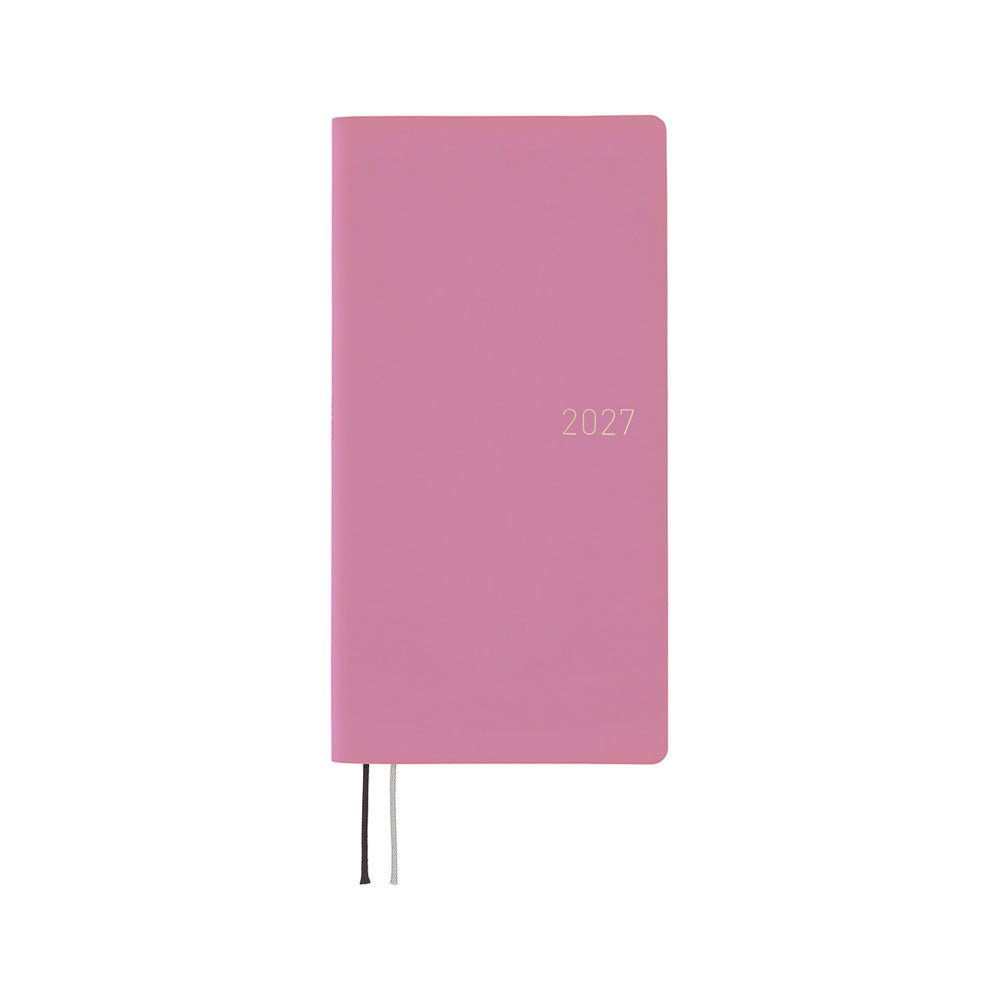 A lavender colored planner with 2027 embossed on the front. Thin ribbon bookmarks extend below the cover.