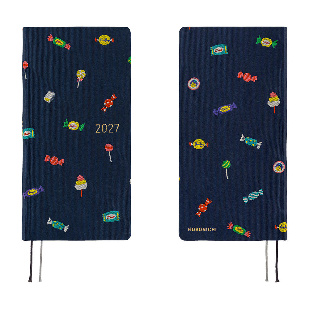 A 2027 Hobonichi Weeks Mega featuring Bow & Tie fabric woven with candy designs.