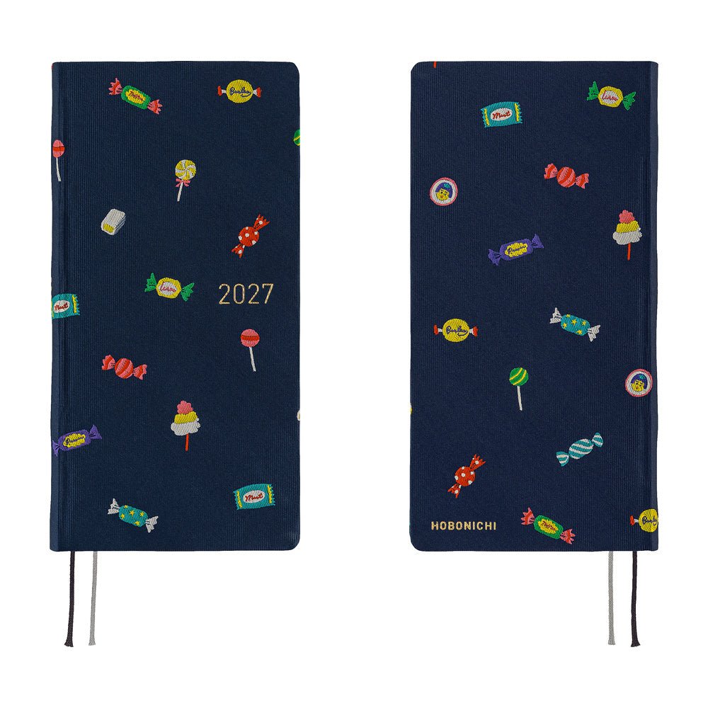 A 2027 Hobonichi Weeks Mega featuring Bow & Tie fabric woven with candy designs.