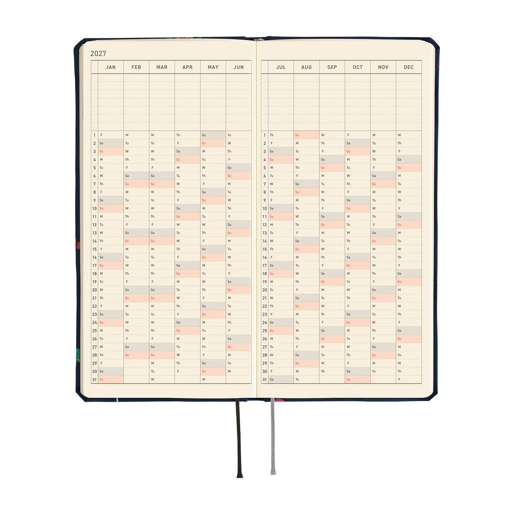 A 2027 Hobonichi Weeks Mega featuring Bow & Tie fabric woven with candy designs.
